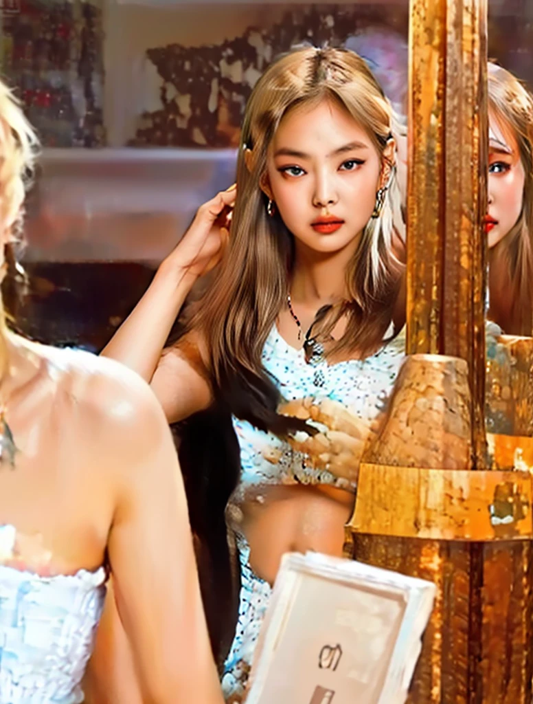work of art, best qualityer, ultra detali, illustration,(1 girl),beautiful detailed eyes, gazing at viewer, (holding a computer keyboard), glad, (turquoise hair:1), (rounded blue eyes:1), (round earring), (turquoise necklace with large precious stones), beautiful round face, long hair, ssmile, fancy chinese clothes