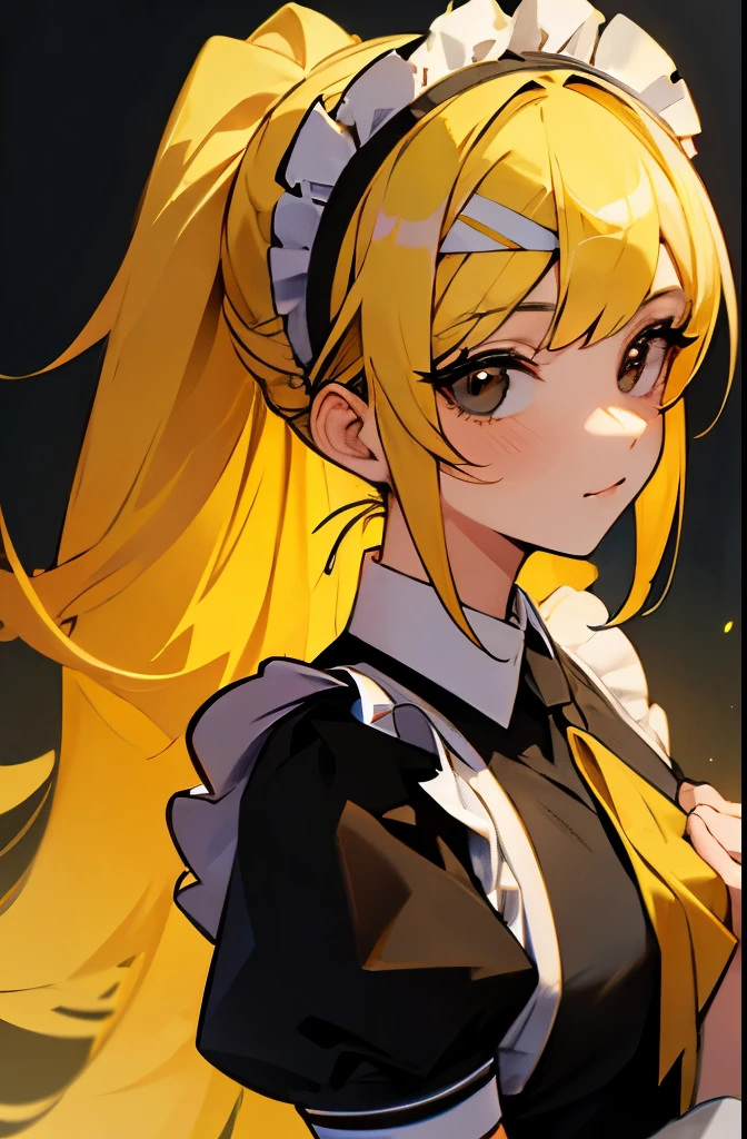 Best quality,high detail,masterpiece,one woman,black eyes,wearing a maid headband,yellow long ponytail,maid uniform,yellow hair