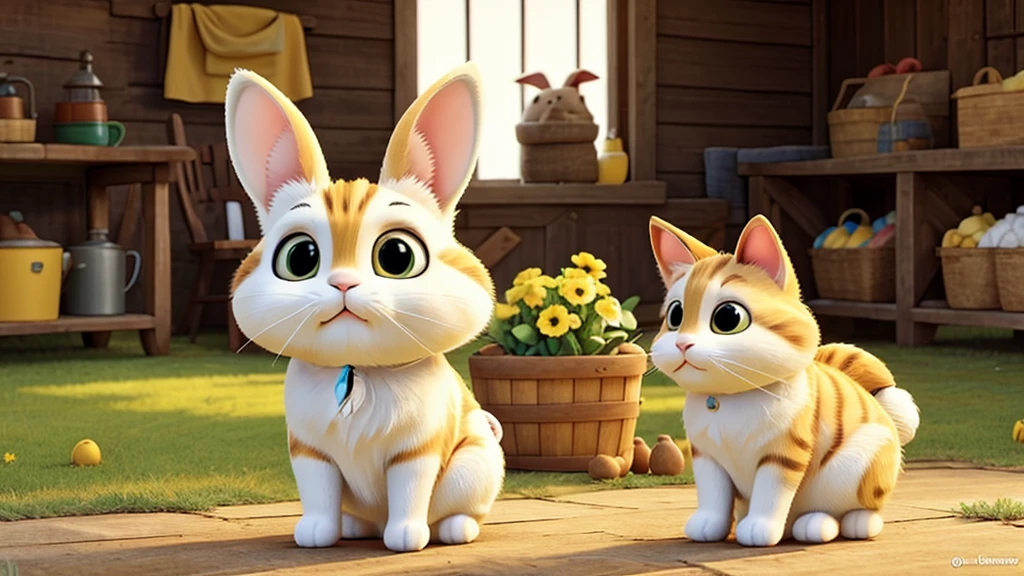 a bunny yellow and white, side a cat brown, backgroun a farm with barn