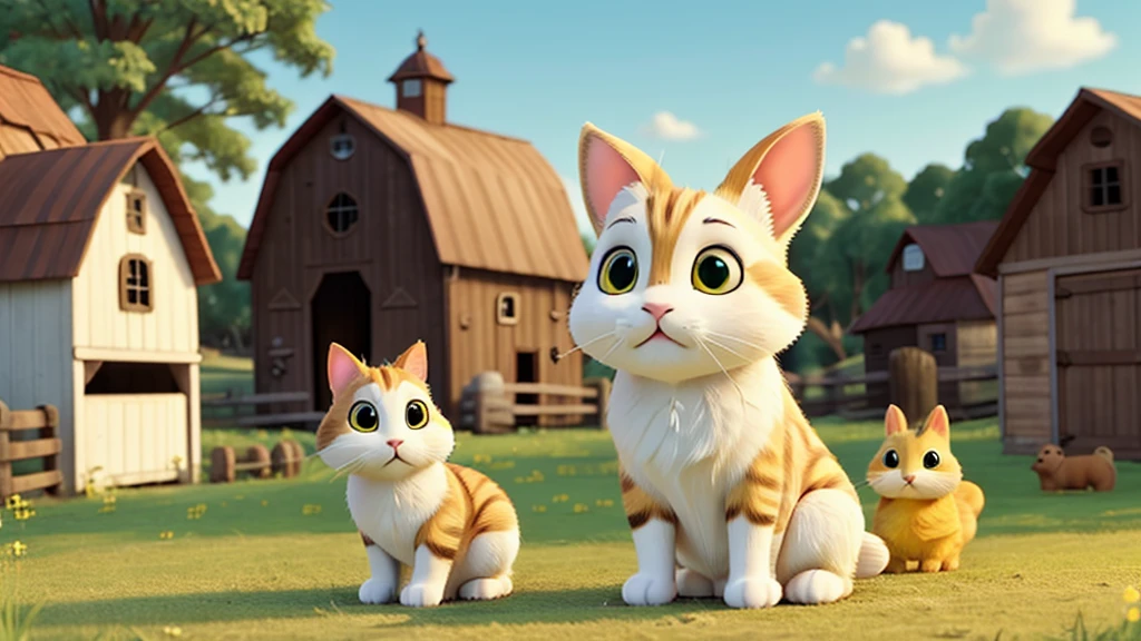 a bunny yellow and white, side a cat brown, backgroun a farm with barn