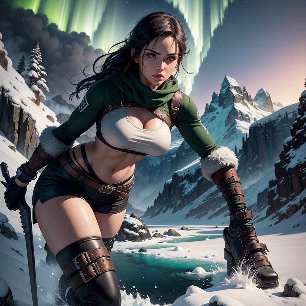 Generate Lara Croft climbing a gigantic,treacherous,steep cliff with snow from the side angle,full of life and danger at night in a Nordic mythology style landscape in an highly detailed digital art style.add a real sense of vertigo for the depth.add green Aurora borealis with a tint of purple, add white crop top,midriff hoodie, really short and intricate design black booty shorts and black military boots. add textures and a lot details. add forest, a huge mountains and lake in the background. make it very colorful in a way that inspire winter season and the Nordic mythology.