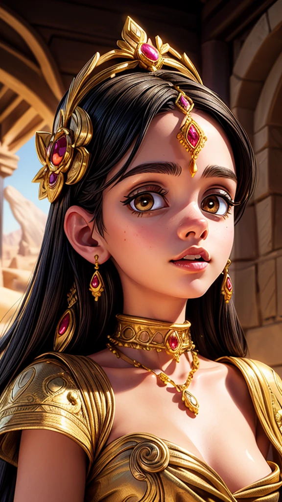 A beautiful detailed portrait of a desert princess, detailed intricate facial features, piercing eyes, full lips, long eyelashes, golden jewelry, flowing ornate dress, ornate headdress, ornate makeup, desert landscape background, dramatic lighting, highly detailed, 8k, photorealistic