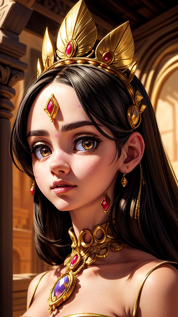 A beautiful detailed portrait of a desert princess, detailed intricate facial features, piercing eyes, full lips, long eyelashes, golden jewelry, flowing ornate dress, ornate headdress, ornate makeup, desert landscape background, dramatic lighting, highly detailed, 8k, photorealistic