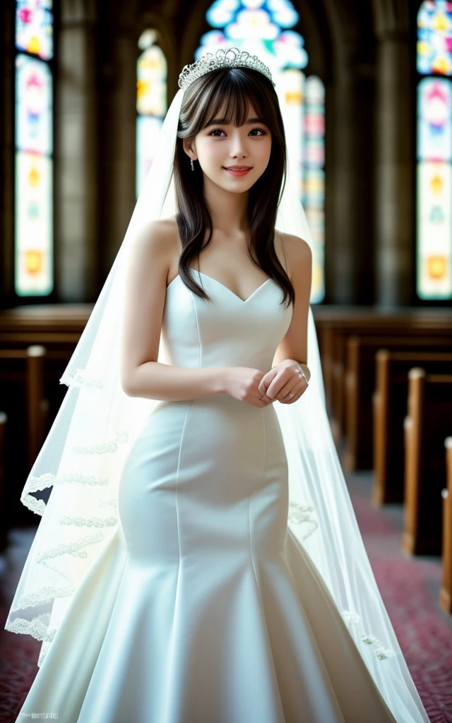 Photo-realistic quality、a woman in a wedding dress holding a bouquet of flowers、White Wedding Dress,Hanae Mori style wedding dress、lace prom dresses、looking at the camera、Detailed and beautiful eyes、Cute smile、Relaxed and gentle expression