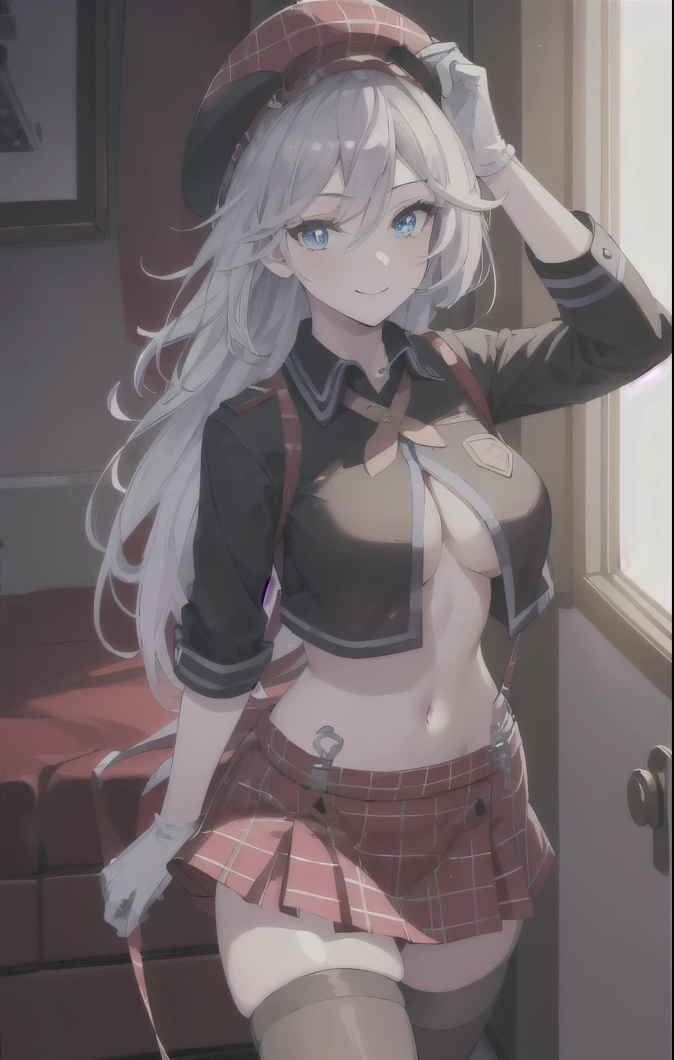 (SFW), masterpiece, best quality, highres 64k, clean, cinematic lighting, best shadow, volumetric lighting, ((beautifully detailed face,)) beautiful detailed eyes, beautifully detailed hair, multicoloured hair, (best illumination), (very sexy young female body:1.4), (medium breast, lactation ), ((seductive:1.3, ))smile, looking lovingly at the viewer, floating hair, makeup, 1girl, solo, blue eyes, sliver long hair, cabbie hat, open clothes, ((underboob,)) black shirt, suspenders, plaid skirt, thighhighs, white gloves, indoors, bedroom,hand on the door, opening door for the viewer, (welcome), (seductive pose, ) ( cowboy shot,),