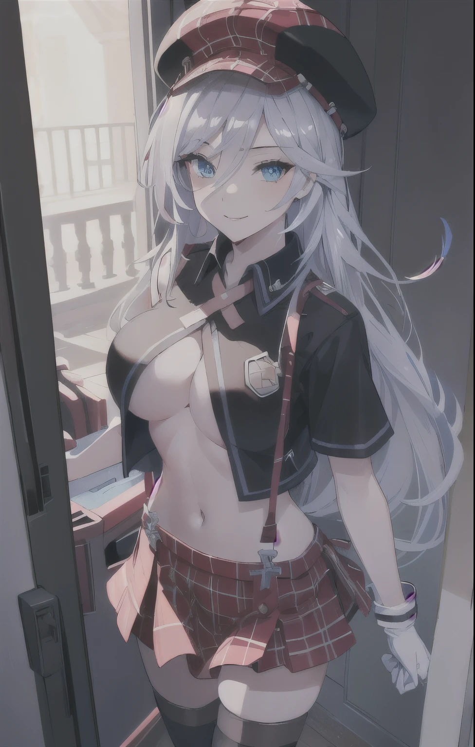 (SFW), masterpiece, best quality, highres 64k, clean, cinematic lighting, best shadow, volumetric lighting, ((beautifully detailed face,)) beautiful detailed eyes, beautifully detailed hair, multicoloured hair, (best illumination), (very sexy young female body:1.4), (medium breast, lactation ), ((seductive:1.3, ))smile, looking lovingly at the viewer, floating hair, makeup, 1girl, solo, blue eyes, sliver long hair, cabbie hat, open clothes, ((underboob,)) black shirt, suspenders, plaid skirt, thighhighs, white gloves, indoors, bedroom,hand on the door, opening door for the viewer, (welcome), (seductive pose, ) ( cowboy shot,),