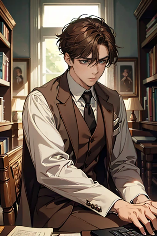 (Masterpiece artwork, high resolution, ultra detali:1.0), (1 young boy, young male), Eyes looking at the camera, perfect male body, extremely detailed CG, 8 k wallpaper, Complicated Details, just people, face detailed,(chestnut hair, eyes browns, white shirt, brown overcoat,brown suit vest, cups, shadowy face, Sit in front of the laptop, Behind her is a large bookshelf, sitting at the work table, I was in the workroom), Color difference, Depth of field, dramatic shadow, Ray tracing, best qualityer, cinematic lighting, Dark lighting of the room, offcial art