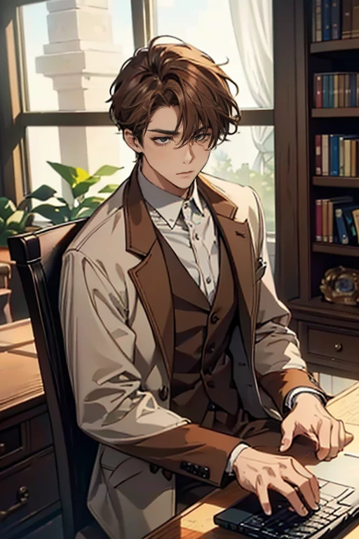 (Masterpiece artwork, high resolution, ultra detali:1.0), (1 young boy, young male), Eyes looking at the camera, perfect male body, extremely detailed CG, 8 k wallpaper, Complicated Details, just people, face detailed,(chestnut hair, eyes browns, white shirt, brown overcoat,brown suit vest, cups, shadowy face, Sit in front of the laptop, Behind her is a large bookshelf, sitting at the work table, I was in the workroom), Color difference, Depth of field, dramatic shadow, Ray tracing, best qualityer, cinematic lighting, Dark lighting of the room, offcial art