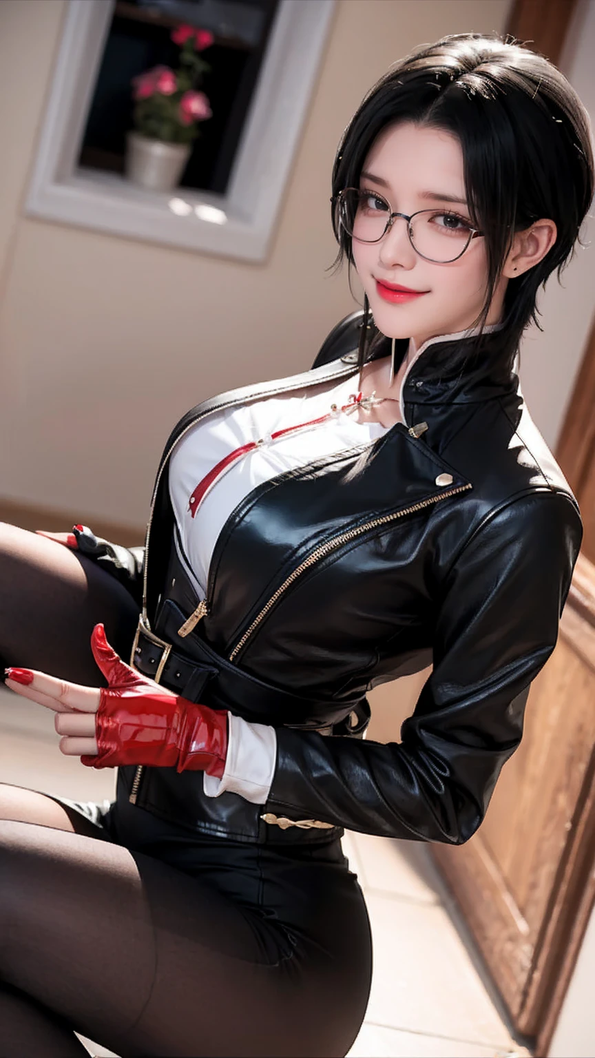 A mature woman with short black hair, a curly hairstyle, and glasses, wearing a black leather jacket, black patent leather leggings, and red patent leather gloves　smile