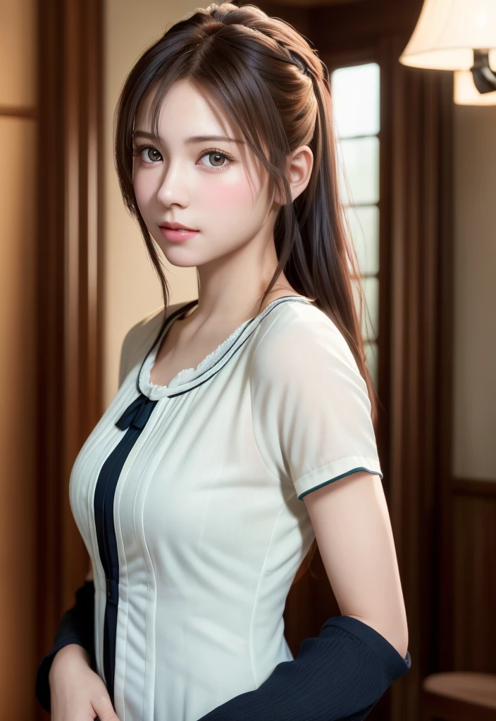 8K, of the highest quality, masutepiece:1.2), (Realistic, Photorealsitic:1.37), of the highest quality, masutepiece, Beautiful young woman, Pensive expression,、A charming、and an inviting look, Cute Maid Clothes, Hair tied back, Cinematic background, Light skin tone