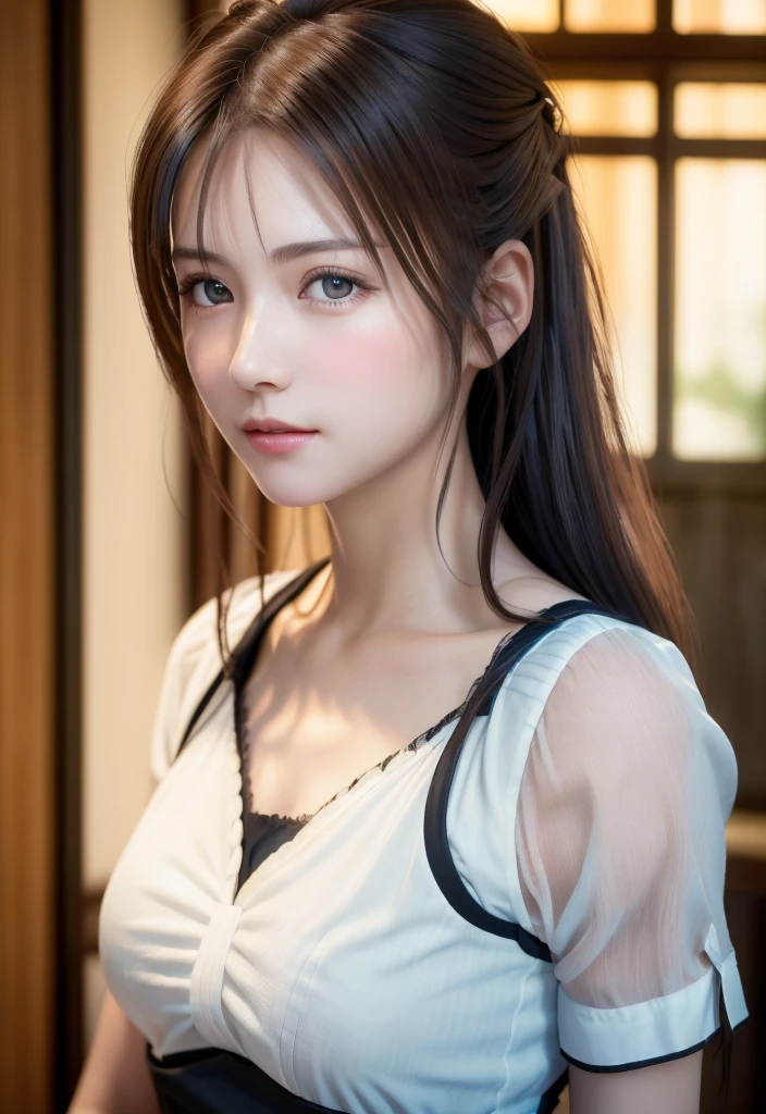 8K, of the highest quality, masutepiece:1.2), (Realistic, Photorealsitic:1.37), of the highest quality, masutepiece, Beautiful young woman, Pensive expression,、A charming、and an inviting look, Cute Maid Clothes, Hair tied back, Cinematic background, Light skin tone