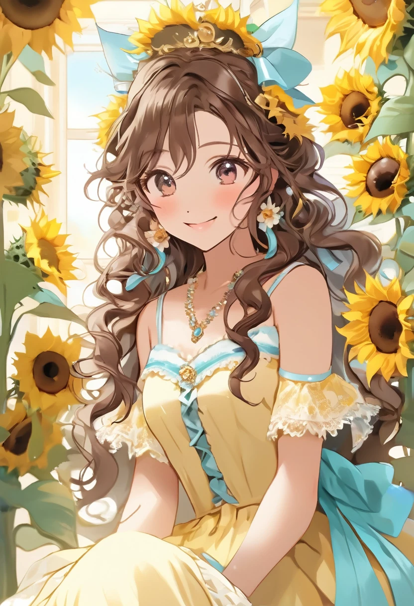 bloom, chocolate brown hair, curly hai, half updo, head wreath of sunflower, aqua eyes, flower-shaped pupils, longeyelashes, solid circle eyes, sunflower earrings, light smile, glint, happy, light blush, wearing luxury cream yellow dress with lots of sunflowers and ribbons and ruffles and lace, background, sunflower, with a little pretty hamster
