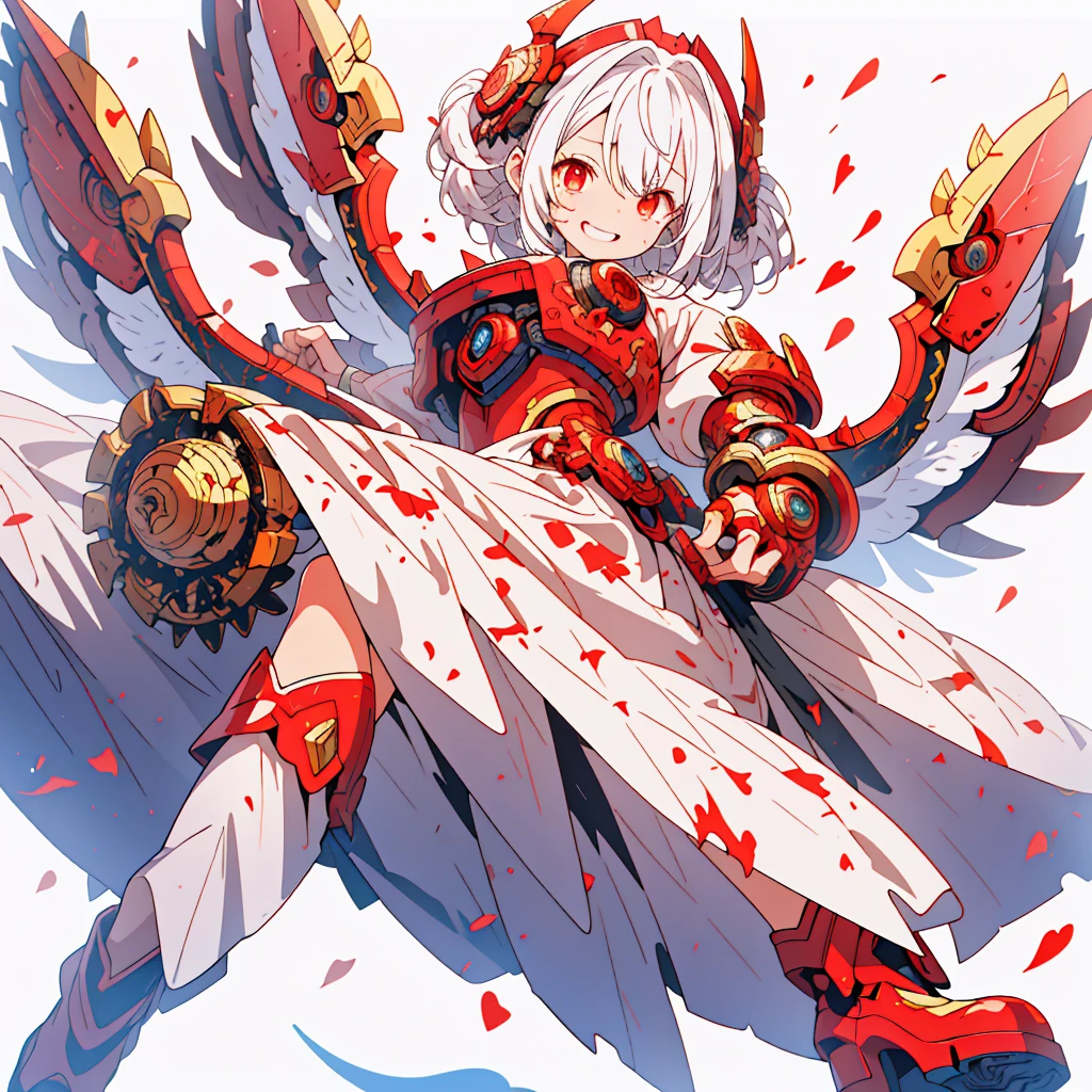 (master piece、highest quality)、(Perfect athlete body:1.2)、(detailed hair)、Super detailed、anime style、whole body、solo、devil girl、blood red power armor、sisters of war、warhammer 40k、white hair, golden eyes, and tears of blood、huge wings、chant blood magic、high heel boots、digital paint、8K high resolution、trend art station、white background、whole body、A triumphant smile