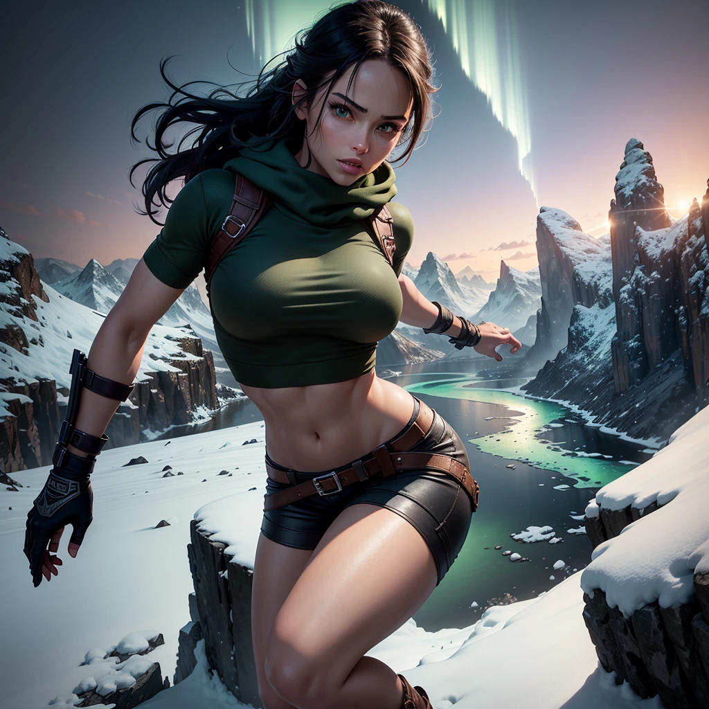 Generate Lara Croft climbing a gigantic,treacherous,steep cliff with snow from the side angle,full of life and danger at night in a Nordic mythology style landscape in an highly detailed digital art style.add a real sense of vertigo for the depth.add green Aurora borealis with a tint of purple, add white crop top,midriff hoodie, really short and intricate design black booty shorts and black military boots. add textures and a lot details. add forest, a huge mountains and lake in the background. make it very colorful in a way that inspire winter season and the Nordic mythology.