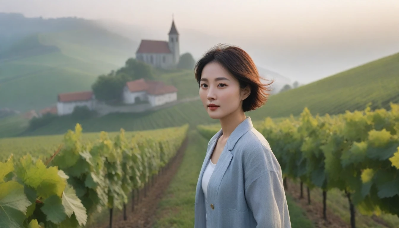 Woman in beautiful landscape 8K highest quality, Beautiful 36-year-old Korean woman, Chest size 34 inches, Passing through vineyards in the Swiss countryside, The cathedral is visible in the early morning fog., The back background is realistic and vivid quality., short medium hair, Casual and British - (summer jacket) ,Perfect and realistic photos, The background is realistic.. Full body shot with Canon camera 16-35 wide angle lens, expressionless, Walking down a vineyard hill covered in thick fog., Walking towards the front camera