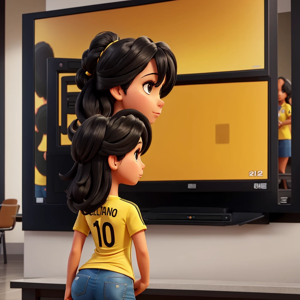 Woman from behind watching big TV screen with the yellow Colombia national team shirt number 10 name of the shirt Martica straight black hair color