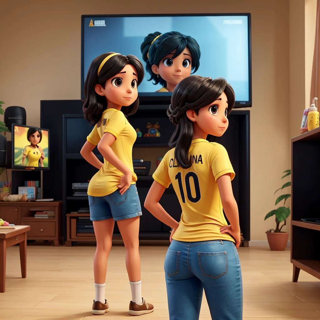 Woman from behind watching big TV screen with the yellow Colombia national team shirt number 10 name of the shirt Martica straight black hair color