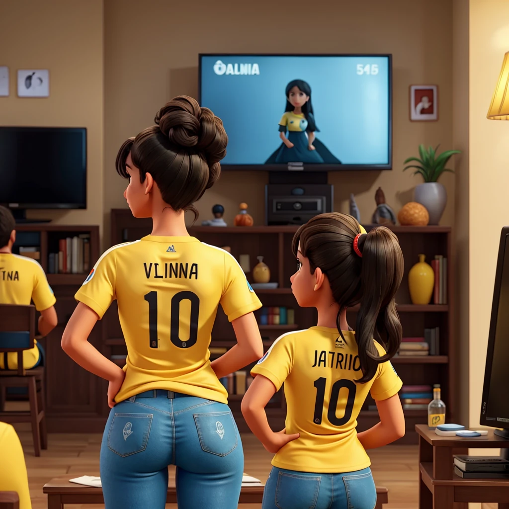 Woman from behind watching big TV screen with the yellow Colombia national team shirt number 10 name of the shirt Martica straight black hair color