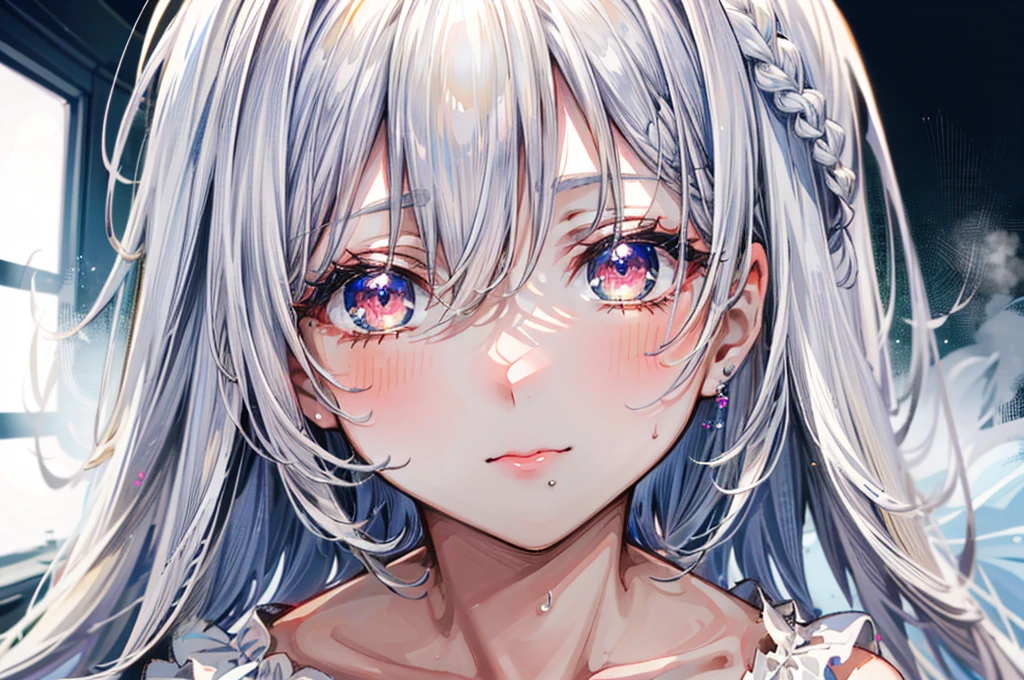 ((masterpiece, maximum quality, ultra quality, ultra high quality, maximum detail, well defined, 8k)), nsfw, 1 girl, ((detailed eyes)), ((bright pupils, heterochromatic pupils, blue and red )), long white hair, white cat ears, ((maid)), ((breasts visible, huge breasts, breasts exposed, nipples visible, topless)), serious expression.