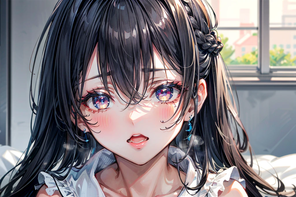 (Best quality, 8k, 32k, Masterpiece, UHD,:1.2),RAW, (((2girl))),ultra cute , natural lighting,transparent shining eyes, 20yo ,fair complexion, (ecstasy:0.8) ,(slut:0.8), (vulgarity:0.8), (fucked silly:0.8),(steam:0.8),(trembling:1.3)),((Nightgown )) , ((White backgroud)), face Closeup, Closeup face, head shot, Cleavage, shiny,French braid