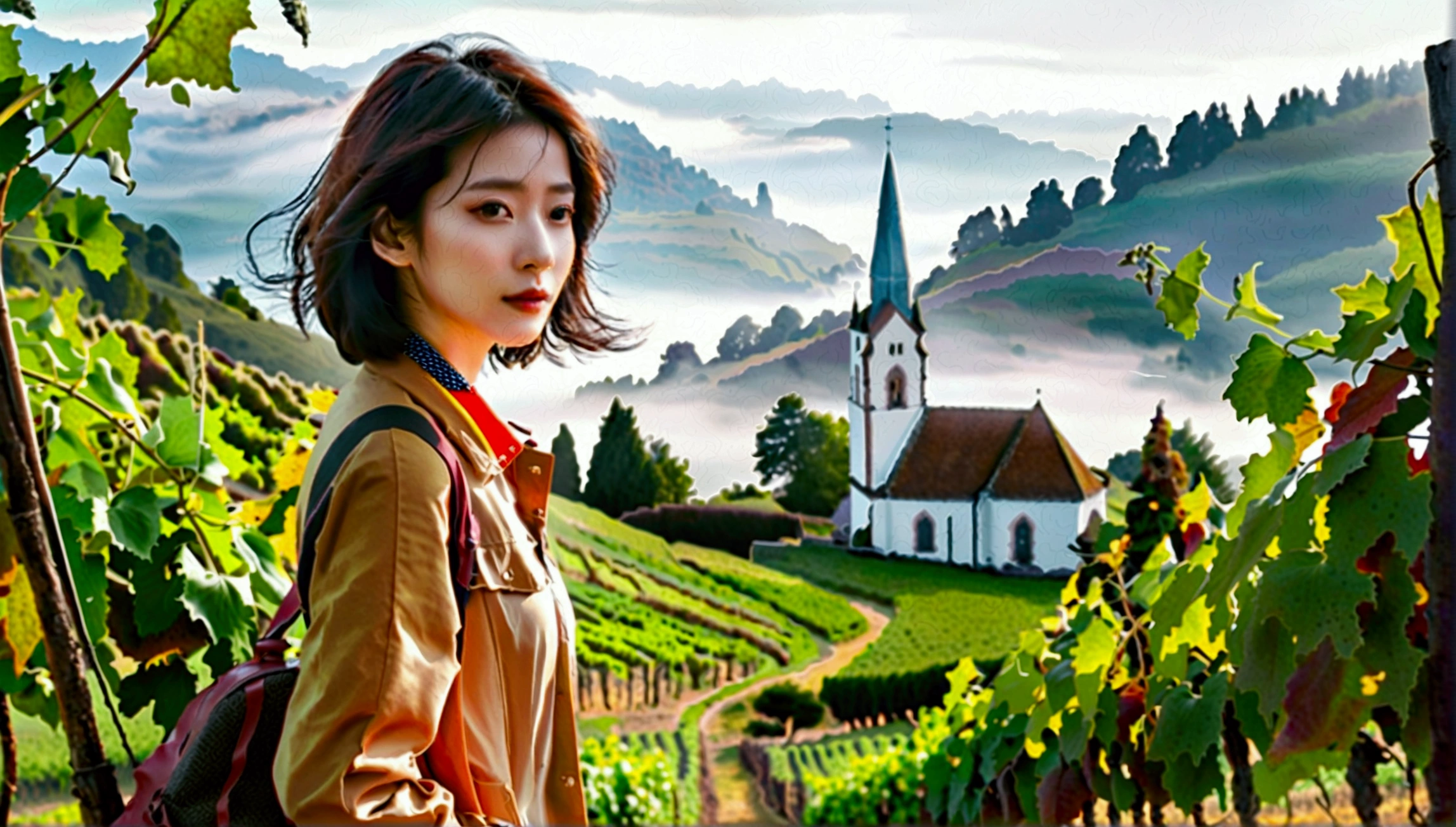 Woman in beautiful landscape 8K highest quality, Beautiful 36-year-old Korean woman, Chest size 34 inches, Passing through vineyards in the Swiss countryside, The cathedral is visible in the early morning fog., The back background is realistic and vivid quality., short medium hair, Casual and British - (summer jacket) ,Perfect and realistic photos, The background is realistic.. Full body shot with Canon camera 16-35 wide angle lens, expressionless, Walking down a vineyard hill covered in thick fog., Walking towards the front camera