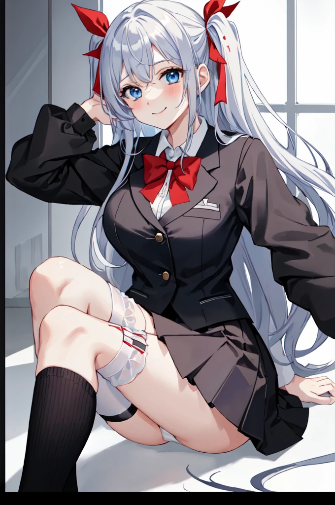 score_9, score_8_up, score_7_up, score_6_up, score_5_up, score_4_up, source_anime, anime screencap, uncensored, 1girl, solo,zPDXL,
anime screencap,AlisaMikhailovnaKujou,silver hair,ahoge,long hair,one red hairribbon,blue eyes,
BREAK
school_uniform,jacket,black vest, white_thighhighs, white panties,
from below, pov, feet, stepped on, smile, heavy blush, half closed eye, smug,
classroom, Daytime,
(Beautiful, medium Breasts:1.2), natural breasts, sitting,