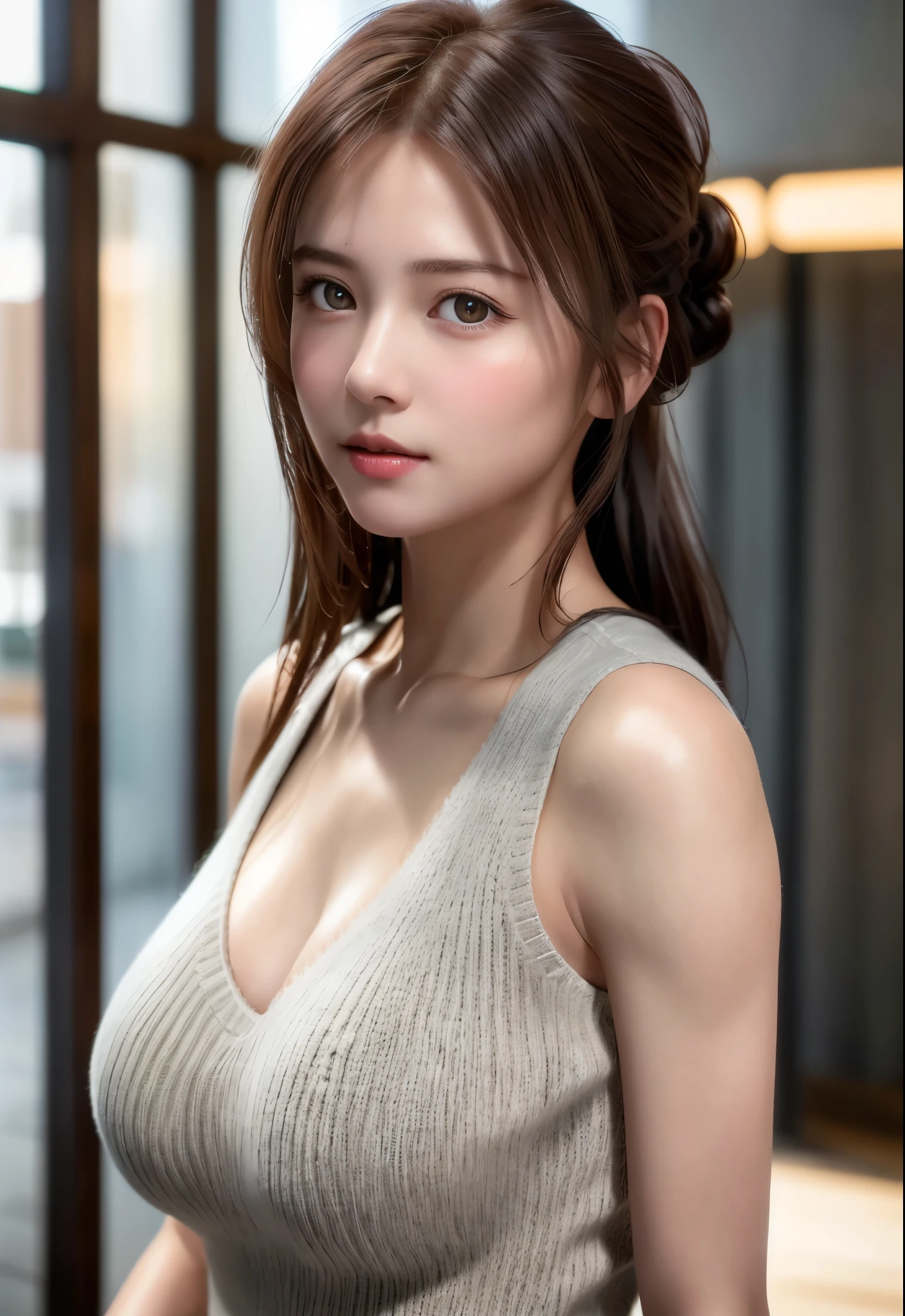 8K, of the highest quality, masutepiece:1.2), (Realistic, Photorealsitic:1.37), of the highest quality, masutepiece, Beautiful young woman, Pensive expression,、A charming、and an inviting look, Dobo dabo knitwear、cleavage of the breast, Hair tied back, Cinematic background, Light skin tone