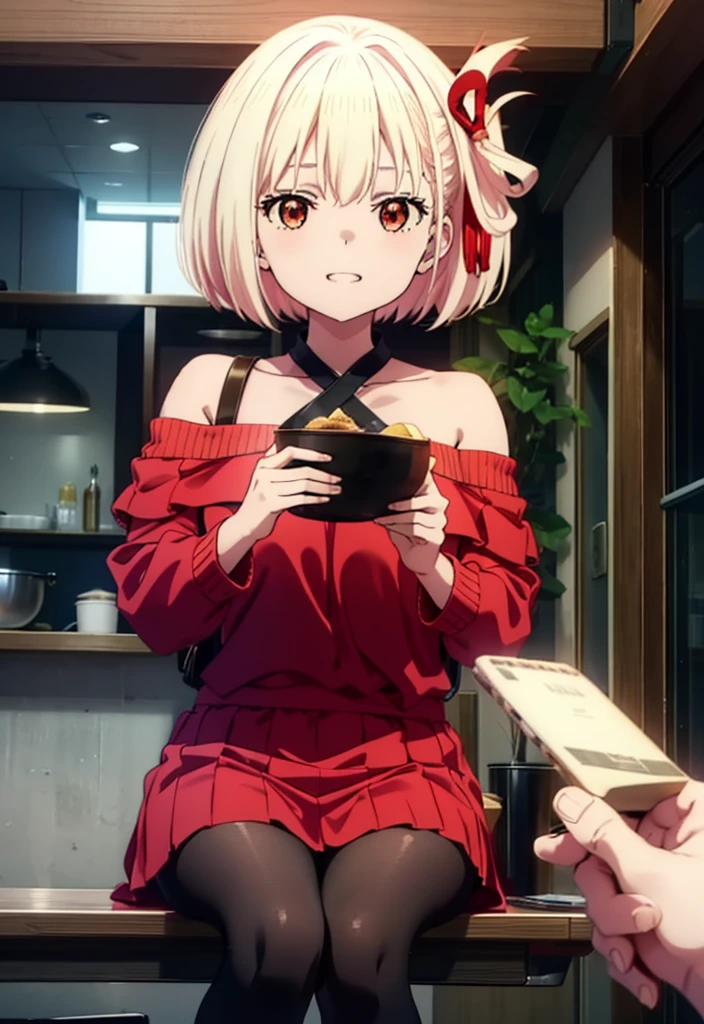 Chisato Nishikigi, short hair, bangs, Blonde, (Red eyes:1.5), hair ribbon, One side up, Bobcut,happy smile, smile, Open your mouth,Bare neck,Bare shoulders,bare clavicle,Red off-shoulder sweater,mini skirt,Black pantyhose,short boots,There is food on the table,トレイ in one hand,Chair,Walking,whole bodyがイラストに入るように,
break indoors,School,canteen,
break looking at viewer, whole body,
break (masterpiece:1.2), Highest quality, High resolution, unity 8k wallpaper, (figure:0.8), (Beautiful attention to detail:1.6), Highly detailed face, Perfect lighting, Highly detailed CG, (Perfect hands, Perfect Anatomy),