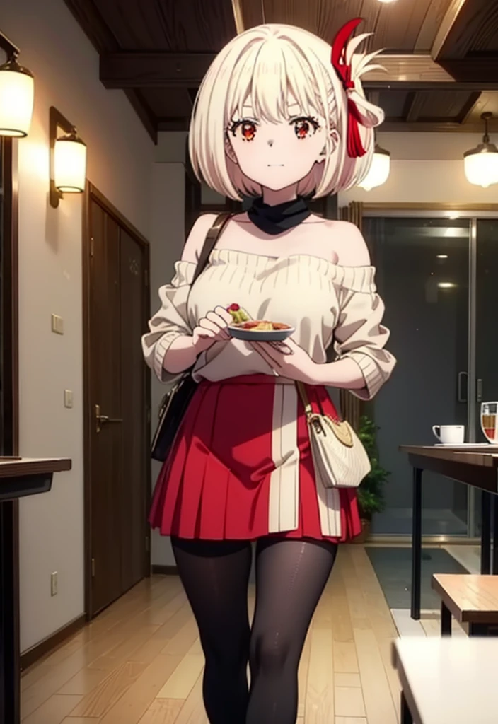 Chisato Nishikigi, short hair, bangs, Blonde, (Red eyes:1.5), hair ribbon, One side up, Bobcut,happy smile, smile, Open your mouth,Bare neck,Bare shoulders,bare clavicle,Red off-shoulder sweater,mini skirt,Black pantyhose,short boots,There is food on the table,トレイ in one hand,Chair,Walking,whole bodyがイラストに入るように,
break indoors,School,canteen,
break looking at viewer, whole body,
break (masterpiece:1.2), Highest quality, High resolution, unity 8k wallpaper, (figure:0.8), (Beautiful attention to detail:1.6), Highly detailed face, Perfect lighting, Highly detailed CG, (Perfect hands, Perfect Anatomy),