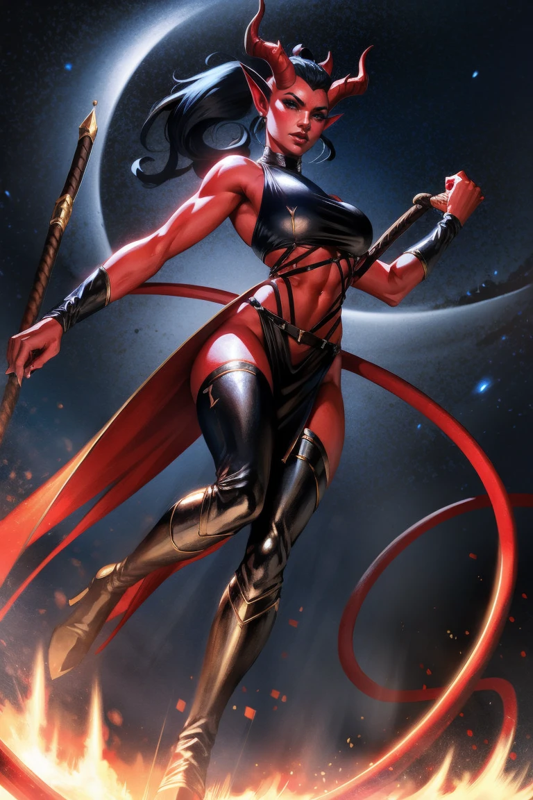 Red skin succubus tiefling, medium breasts, black horns, wings, huge tail, black leather, crop top, long flowing pelvic curtain, tall, toned, graceful, thin, long black ponytail. Action scene, whip. Dark scene, explosions, night sky.
