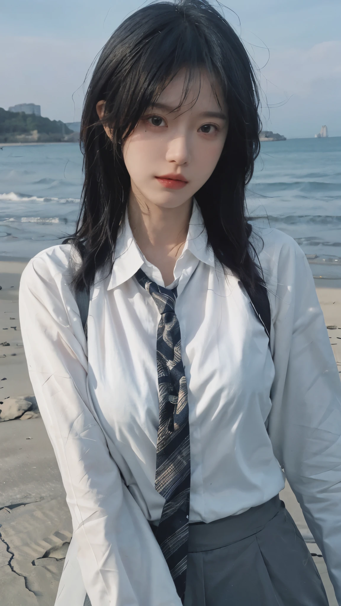 Best quality,masterpiece,Ultra-high resolution,16K,Beach Background,(Photo Realism:1.4),1 Girl,JK,Sexy,(Shirt and Tie:1.2),(Big breasts:1.3),(Upper body:1.4)