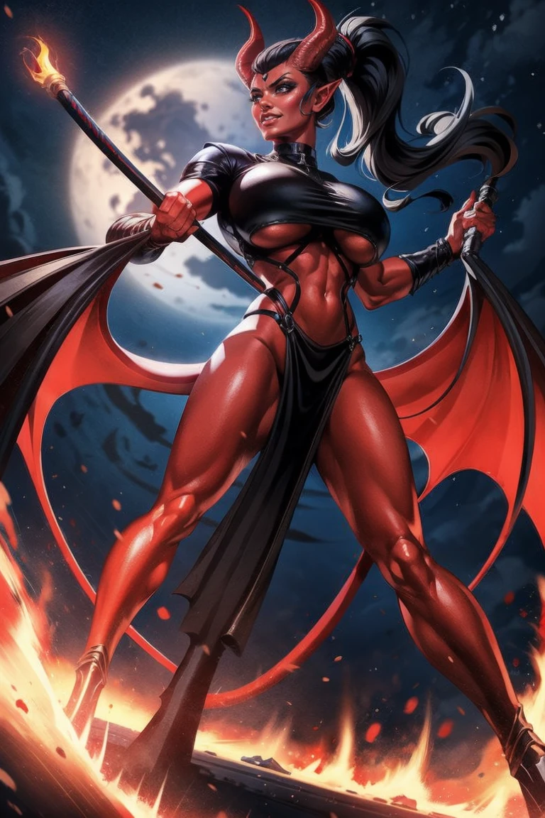 Red skin succubus tiefling, digitigrade legs, big medium breasts, black horns, wings, huge tail, black leather, crop top, long flowing pelvic curtain, tall, toned, graceful, thin, long black ponytail. Action scene, whip. Dark scene, explosions, night sky.