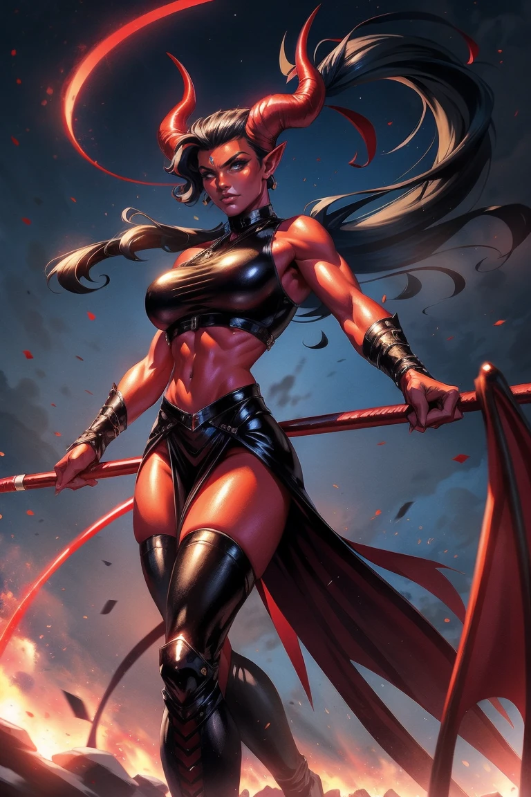 Red skin succubus tiefling, digitigrade legs, big medium breasts, black horns, wings, huge tail, black leather, crop top, long flowing pelvic curtain, tall, toned, graceful, thin, long black ponytail. Action scene, whip. Dark scene, explosions, night sky.
