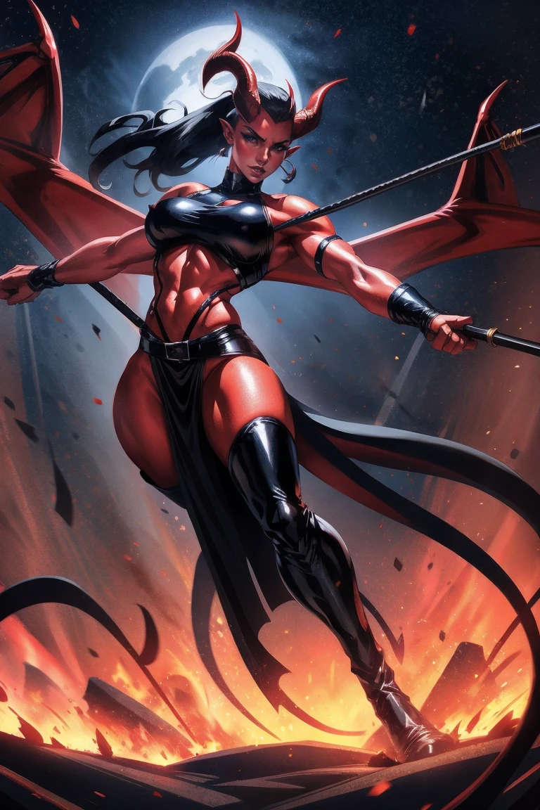 Red skin succubus tiefling, digitigrade legs, full breasts, medium breasts, black horns, wings, huge tail, black leather, crop top, long flowing pelvic curtain, tall, toned, graceful, thin, long black ponytail. Action scene, whip. Dark scene, explosions, night sky.