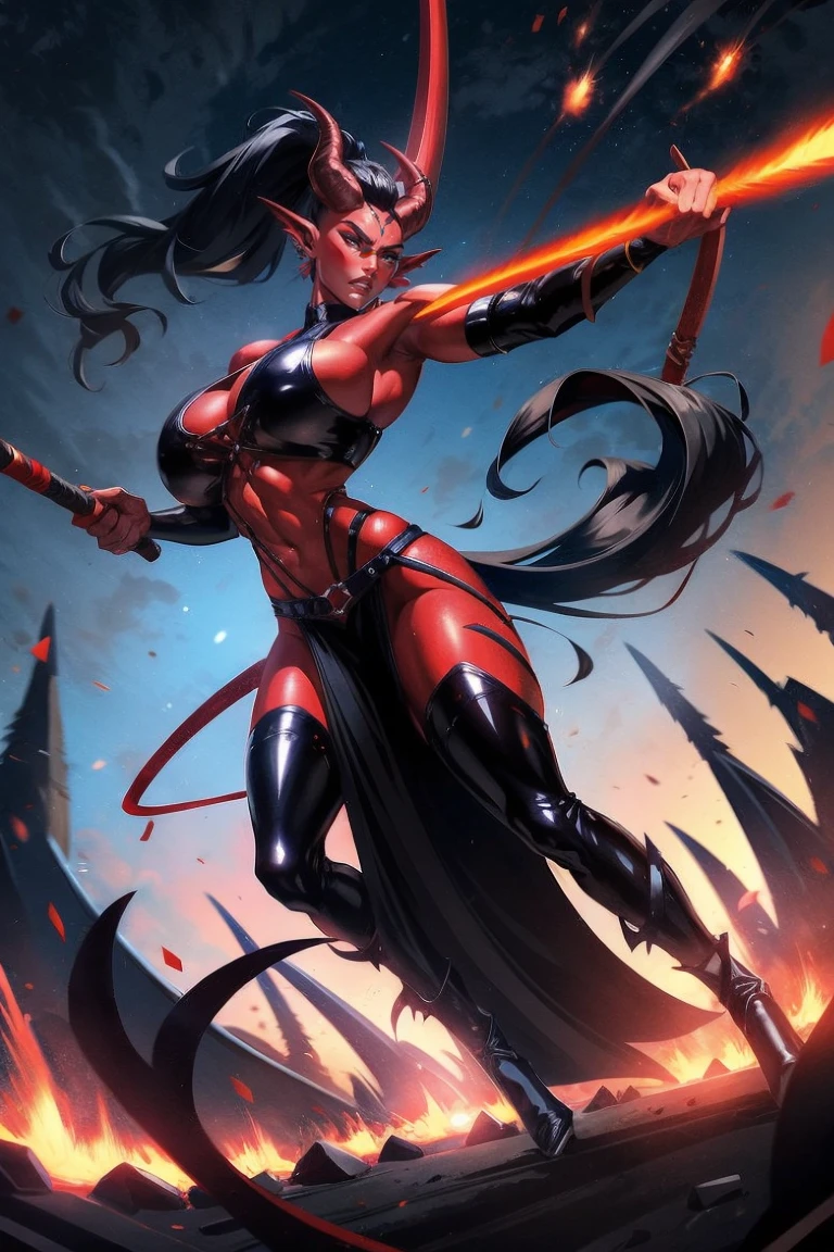 Red skin succubus tiefling, digitigrade legs, full , medium breasts horns, wings, huge tail, black leather, crop top, long flowing pelvic curtain, tall, toned, graceful, thin, long black ponytail. Action scene, whip. Dark scene, explosions, night sky.