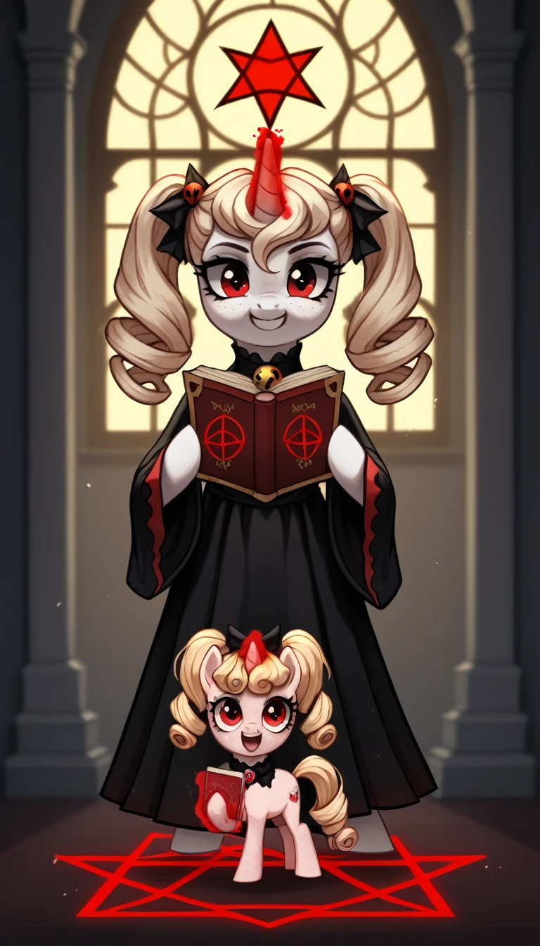 score_9,score_8_up,score_7_up,score_6_up, filly, unicorn, white fur, curly strawberry blonde hair, twintails, freckles, red eyes, Gothic pony, ta fashion, glowing backlight, fashion show, cult church scene, glitter, whimsical, enchanted, magical, fantasy art concept, intricate details, insane smile, blood splatter on face, floating, holding spell book, glowing horn, standing in a glowing pentagram