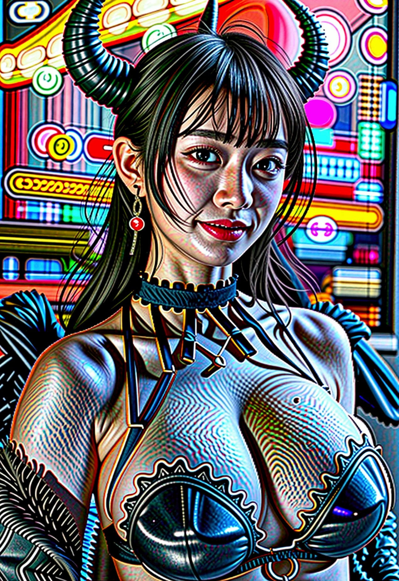 naked cheerleader, seductive smile, c cup , with black small demon horns, bun hairstyle, wearing necklace, showing butt