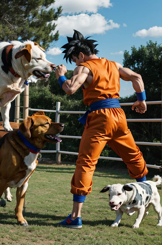 Goku fighting a dog with cow legs 
