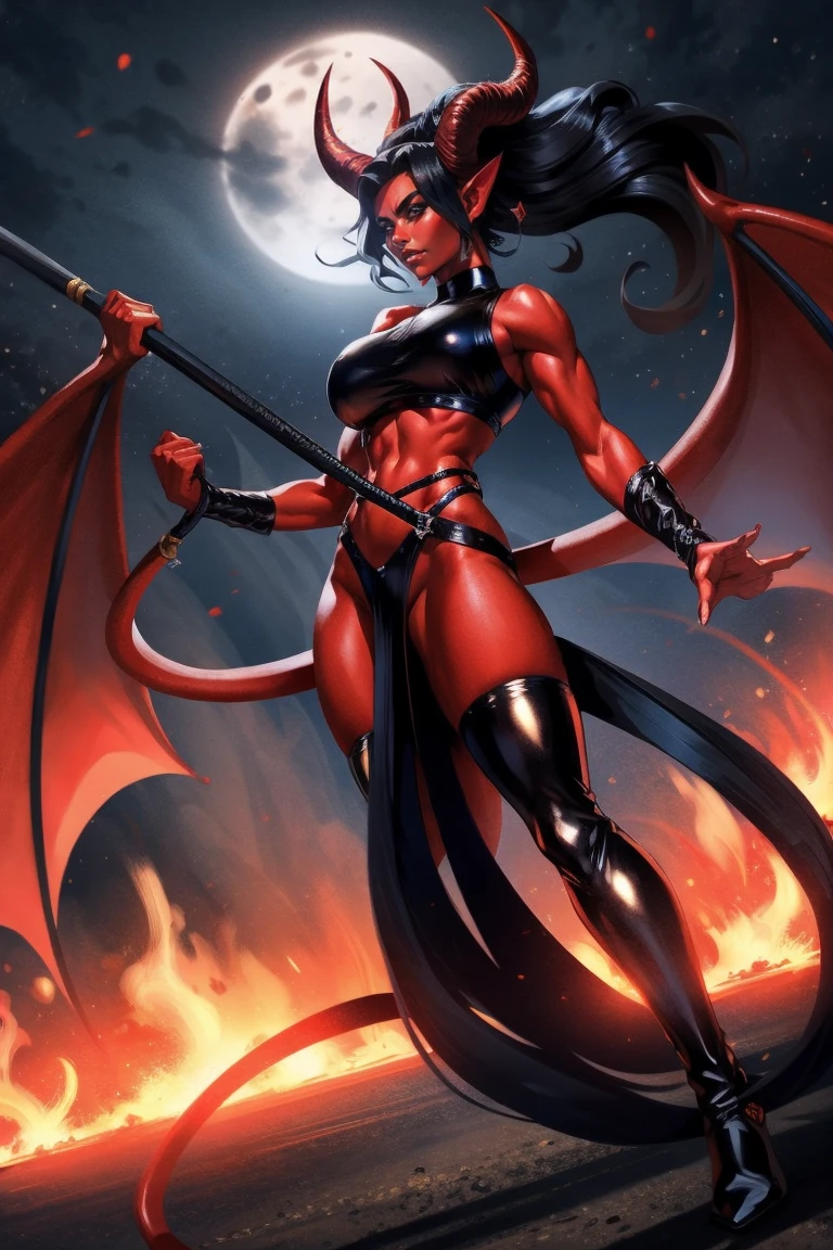 Red skin succubus tiefling, medium breasts, black horns, wings, huge tail, black leather, crop top, long flowing pelvic curtain, tall, toned, graceful, thin, long black ponytail. Action scene, whip. Dark scene, explosions, night sky.