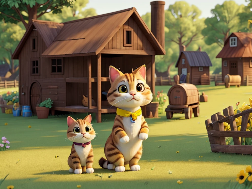 a bunny yellow side a cat brown all happy, background a farm