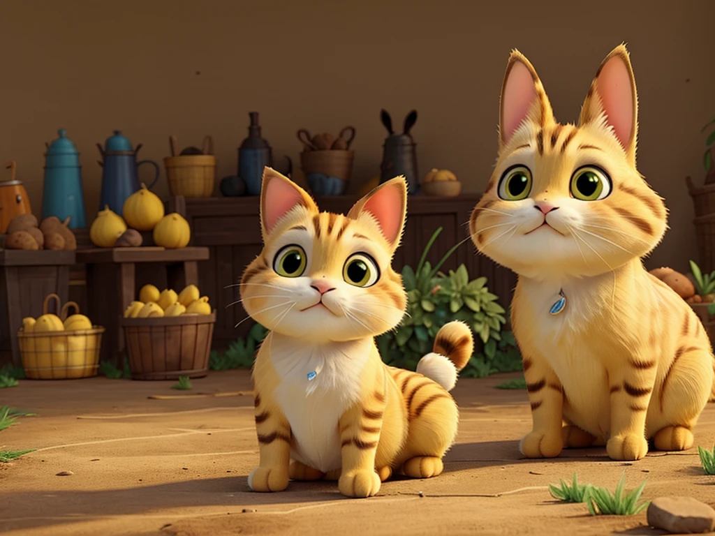 a bunny yellow side a cat brown all happy, background a farm