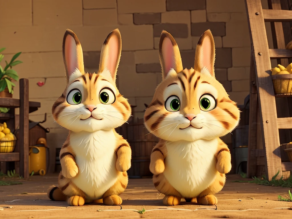 a bunny yellow side a cat brown all happy, background a farm