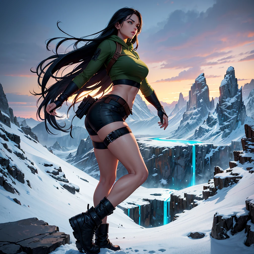 Generate Lara Croft climbing a gigantic,treacherous,steep cliff with snow from the side angle,full of life and danger at night in a Nordic mythology style landscape in an highly detailed digital art style.add a real sense of vertigo for the depth.add green Aurora borealis with a tint of purple, add white crop top,midriff hoodie, really short and intricate design black booty shorts and black military boots. add textures and a lot details. add forest, a huge mountains and lake in the background. make it very colorful in a way that inspire winter season and the Nordic mythology.