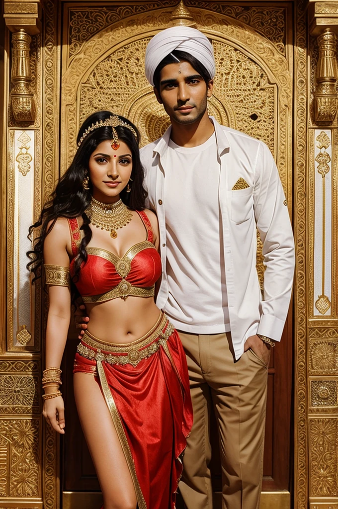 High quality, masterpiece, beautiful indian hindu princess in red saree and gold jewelry, long hair, lackluster skin with a handsome ancient indian hindu prince in white gold plated dhoti and ancient indian male jewelry,