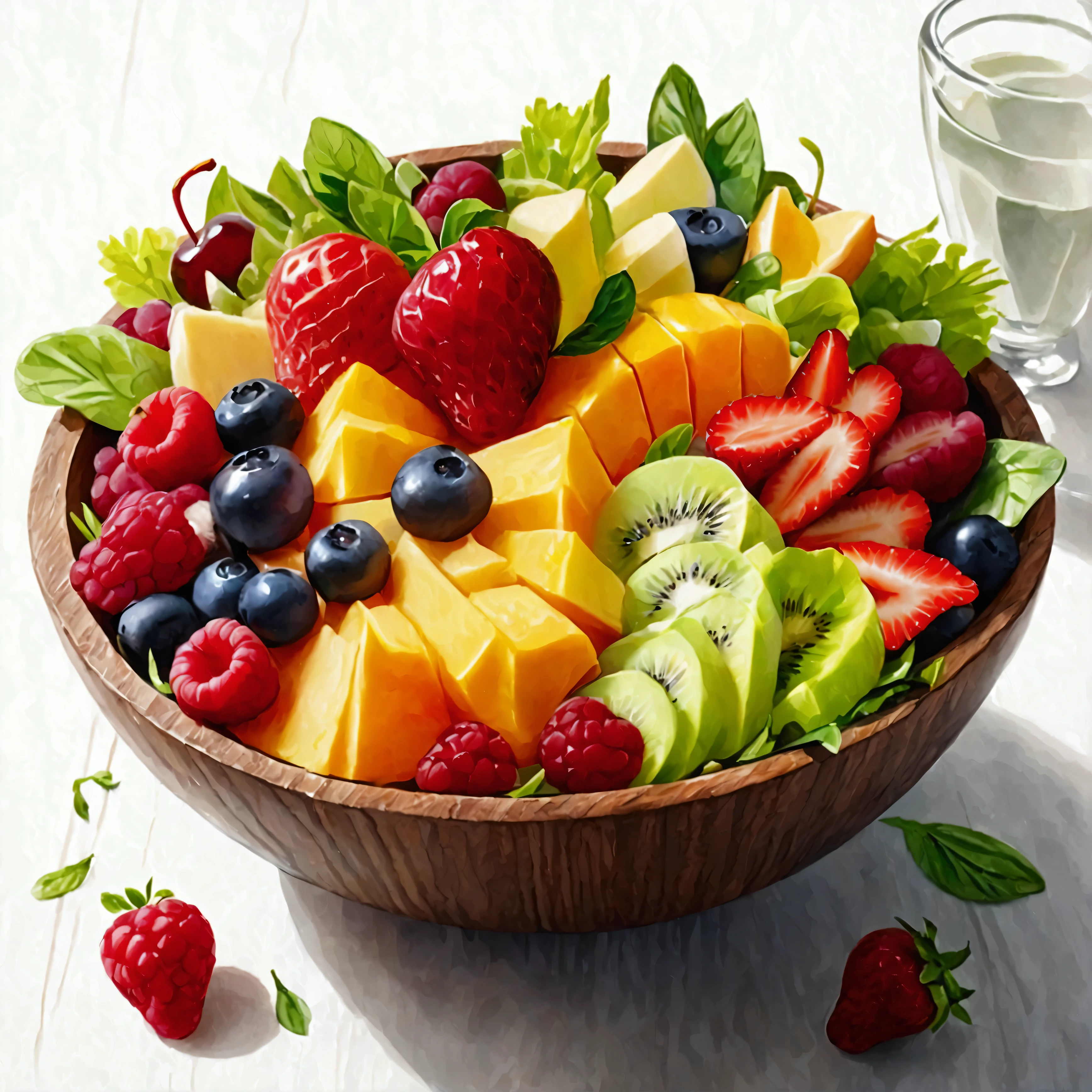 There is bowl of salad made of different fruit , fresh and creamy, served in fancy wooden bowl, illustration, baking ingredients, isolated with solid white background, surrounded with negative space, centered composition, highest detailed painting, very precise line, Isolated, clear solid white background, perspective angle of view, ((watercolor:1)), (lora:add-detail-xl:1), (masterpiece), (best quality), no bread on the floor, washed out color