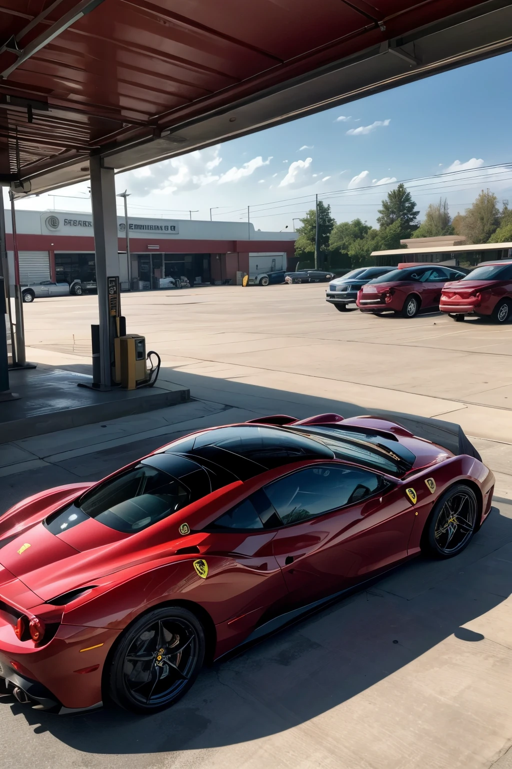a large Ferrari refueling at a gas station