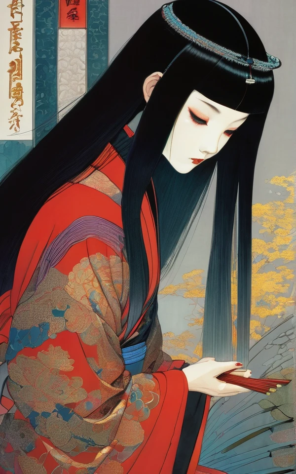 1 female demon praying
, tubes connected her back to the wall
beautiful
Geisha Inspired Makeup
long black hair
mechanical arms
red turtle neck tight
skulls
(color ink painting by Yoshitaka Amano Moebius, Victo Ngai Katsuya Terada, )