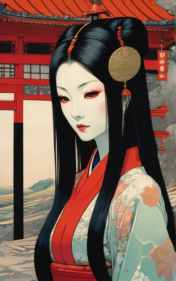 1 female demon praying
 , tubes connected her back to the wall
beautiful 
Geisha Inspired Makeup
long black hair
mechanical arms
red turtle neck tight
skulls
(color ink painting by  Yoshitaka Amano  Moebius, Victo Ngai	 Katsuya Terada,  )