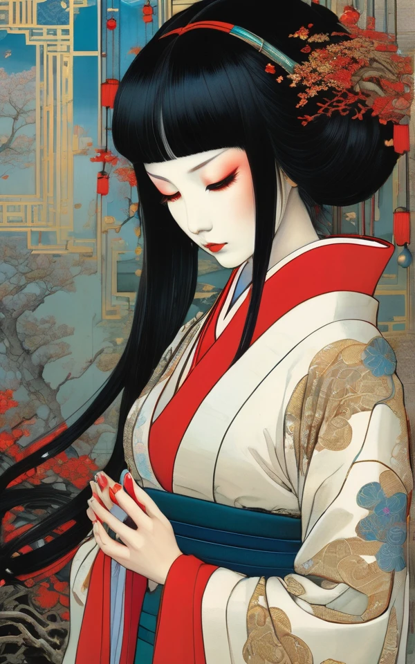 1 female demon praying
, tubes connected her back to the wall
beautiful
Geisha Inspired Makeup
long black hair
mechanical arms
red turtle neck tight
skulls
(color ink painting by Yoshitaka Amano Moebius, Victo Ngai Katsuya Terada, )