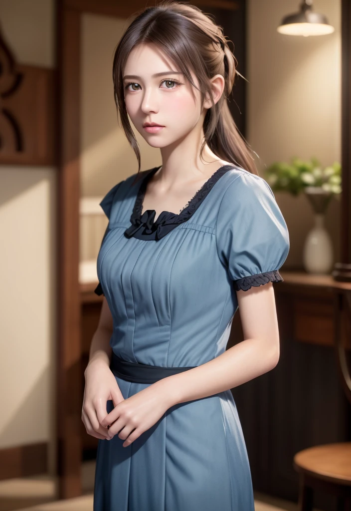 8K, of the highest quality, masutepiece:1.2), (Realistic, Photorealsitic:1.37), of the highest quality, masutepiece, Beautiful young woman, Pensive expression, Thoughtful look, Cute maid clothes, Hair tied back, Messy mood, Cinematic background, Tired, Light skin tone